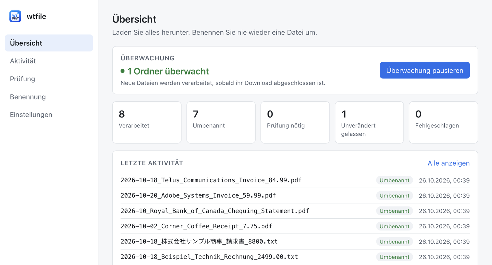 wtfile-Übersicht: 8 Dateien verarbeitet, 7 umbenannt, etwa 2026-10-18_Telus_Communications_Invoice_84.99.pdf und 2026-10_Royal_Bank_of_Canada_Chequing_Statement.pdf