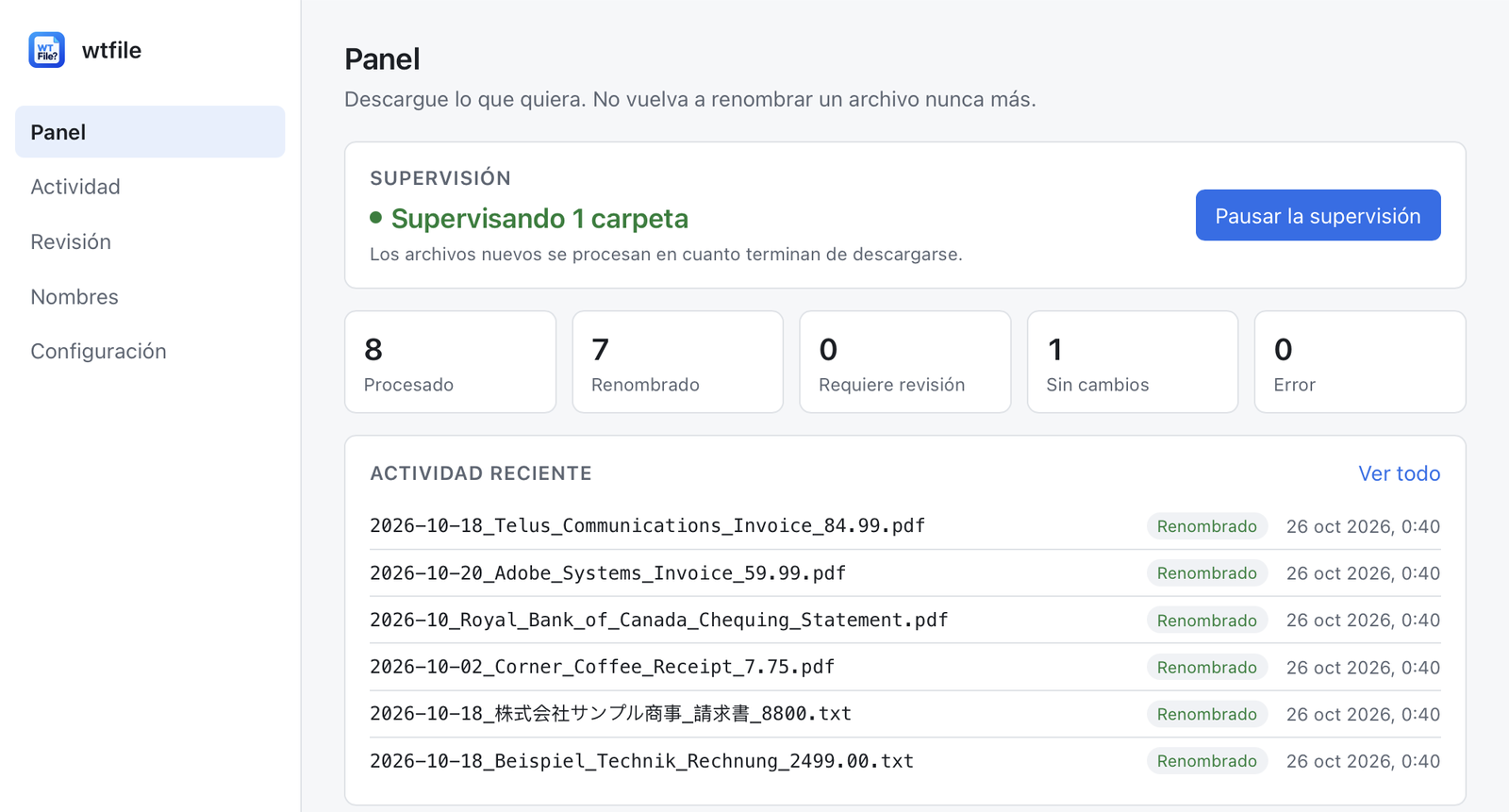 Panel de wtfile: 8 archivos procesados, 7 renombrados, como 2026-10-18_Telus_Communications_Invoice_84.99.pdf y 2026-10_Royal_Bank_of_Canada_Chequing_Statement.pdf