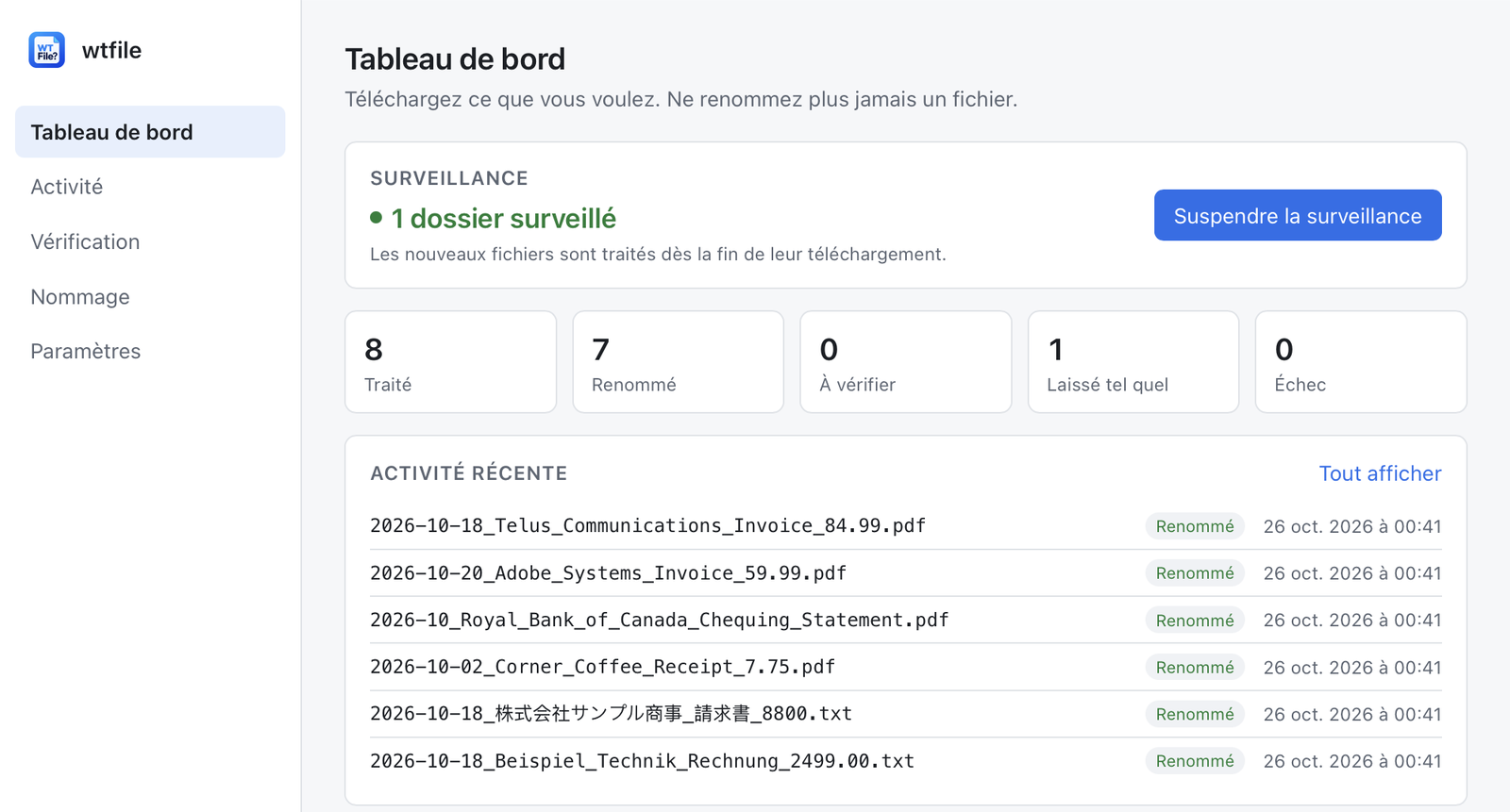 Tableau de bord de wtfile : 8 fichiers traités, 7 renommés, par exemple 2026-10-18_Telus_Communications_Invoice_84.99.pdf et 2026-10_Royal_Bank_of_Canada_Chequing_Statement.pdf