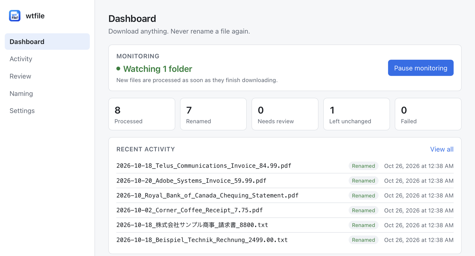 wtfile dashboard: 8 files processed, 7 renamed, such as 2026-10-18_Telus_Communications_Invoice_84.99.pdf and 2026-10_Royal_Bank_of_Canada_Chequing_Statement.pdf